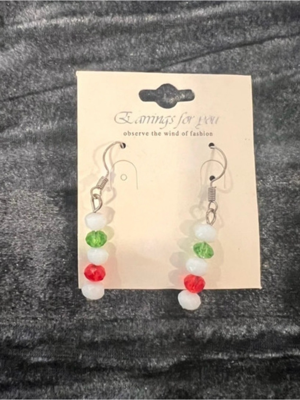 Red, Green & White Beaded Dangle Earrings